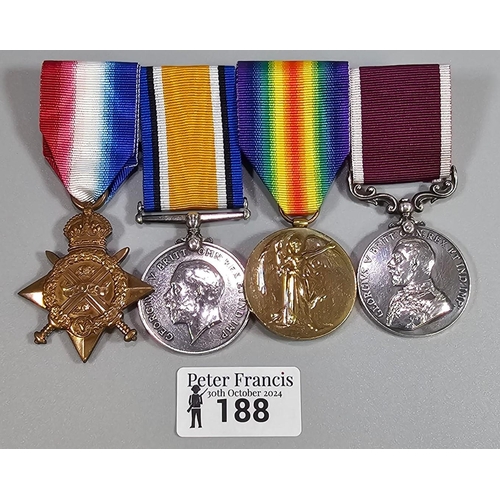 188 - WWI Medal group awarded to 39678 Gunner later Sargent G J Kemp Royal Artillery, to include: 1914-18 ... 