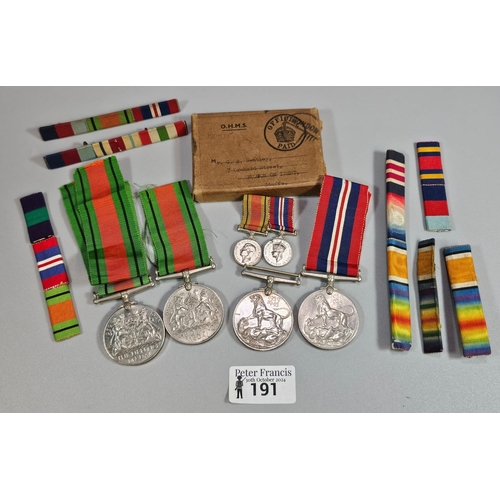 191 - 1939-45 War Medal and companion Defence Medal with another un-named Defence Medal and War Medal and ... 