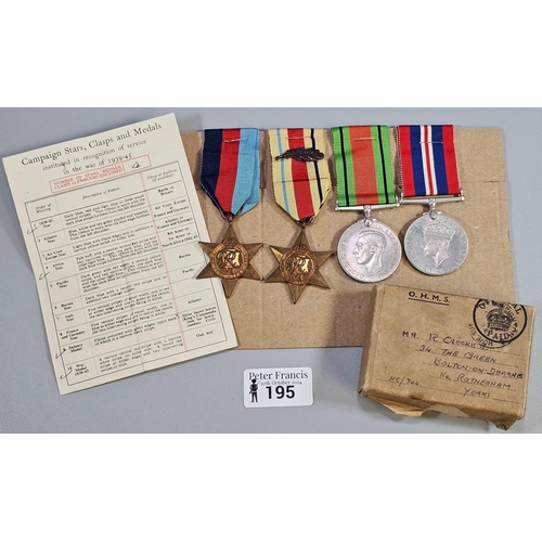 195 - WWII Medal group to of four awarded to 2009270 Ralph Cockett ,Royal Engineers to include: 1939-45 Wa... 