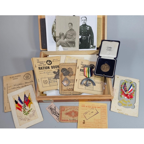 197 - Small box containing assorted Wartime ephemera including: silk greetings cards, National identity Ca... 