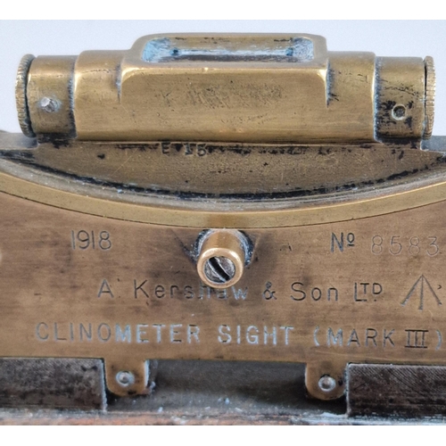 25 - Brass British Army WWI period Klinometer Sight (mark 3), by A Kershaw & Son Ltd., dated 1918, No. 85... 