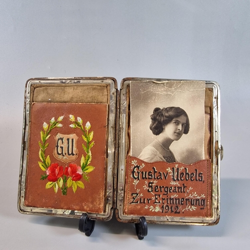 271 - Probably WWI period metal framed leather wallet/purse, German with text Gustav Uebels, Sargeant Zur ... 