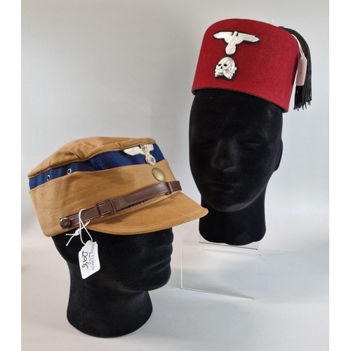 298 - German WWII SA style Kepi with 'Dienstmütze RZ' tag. Together with Waffen SS M43 style Fez with 'Lud... 