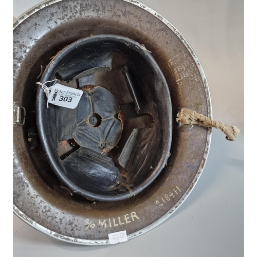 303 - British WWII London Fire Brigade Brodie helmet. Stamped 'F&L' and dated 1939. Marked 'S/O Miller 218... 