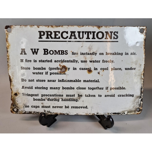 31 - Unusual single sided enamel warning sign relating to A. W. Bombs or Special Incendiary Grenades, 'Pr... 