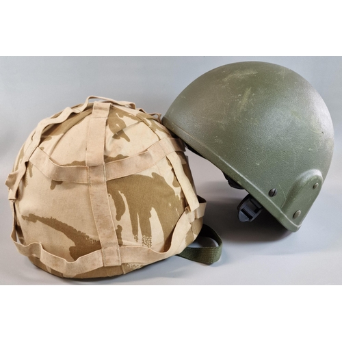 312 - Two modern British Combat helmets GS Mark VI. One with Desert Combat cover three point chinstrap, si... 