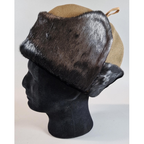 32 - British Army WWII period cold weather issue fur and corduroy forage cap with quilted lining. Origina... 