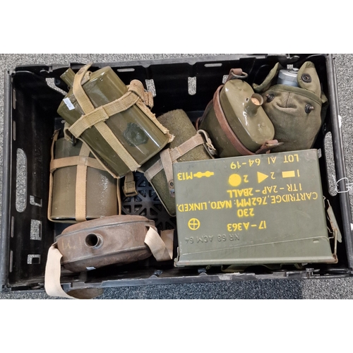 328 - Box containing six Army style canteens and one small metal ammunition box for 7.62 NATO rounds. (B.P... 