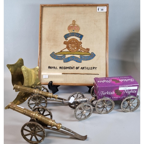 38 - Pair of decorative miniature brass cannons on steel carriages, Royal Regiment of Artillery needlewor... 