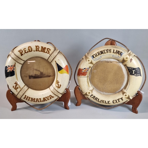 39 - Two British Merchant Marine hand-painted wooden decorative ornamental life buoys to include: P&O RMS... 