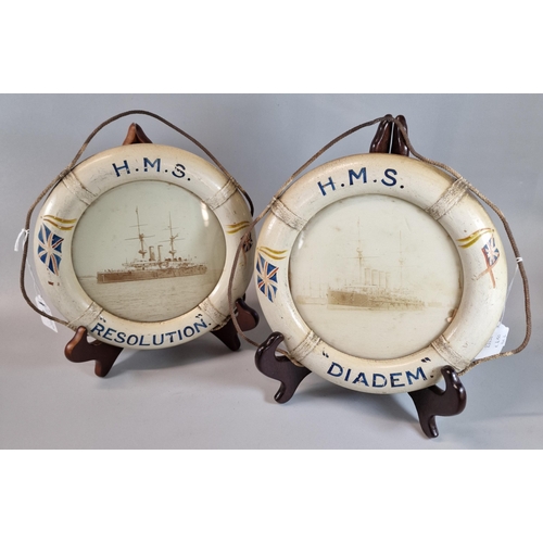 41 - Pair of British Royal Naval miniature wooden decorative life buoys, each featuring photographs, HMS ... 