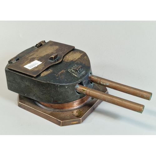 42 - Heavy brass desk inkwell in the form of a Battleship turret, with hinged cover to two inkwells marke... 