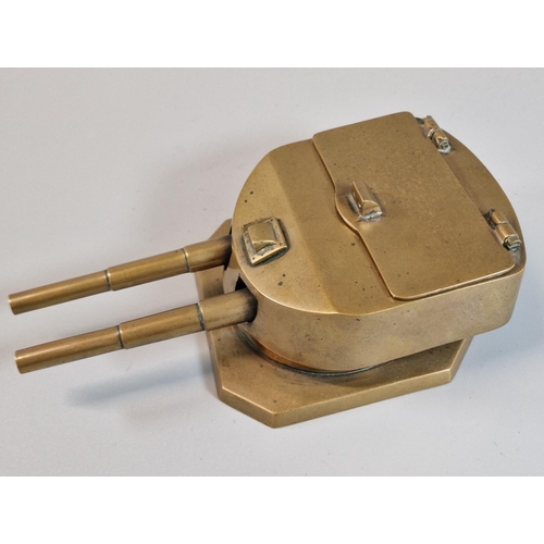 44 - Heavy brass desk inkwell in the form of a Battleship turret, with hinged cover to two inkwells marke... 