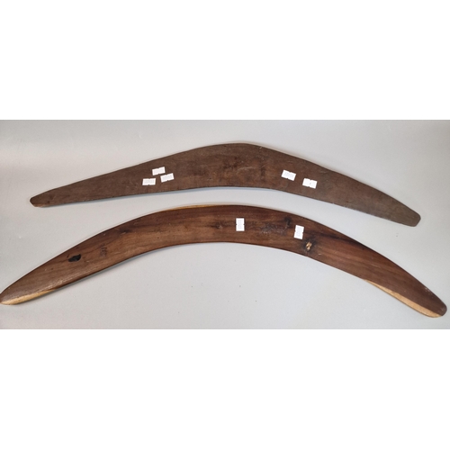 51 - Two Australian boomerangs to include: one stone cut carved with foliage and two Kangaroos (62cm long... 