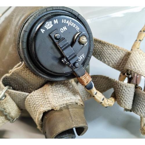 6 - British leather flying helmet with oxygen mask marked 'AM, 10A 12570' and a pair of British classic ... 