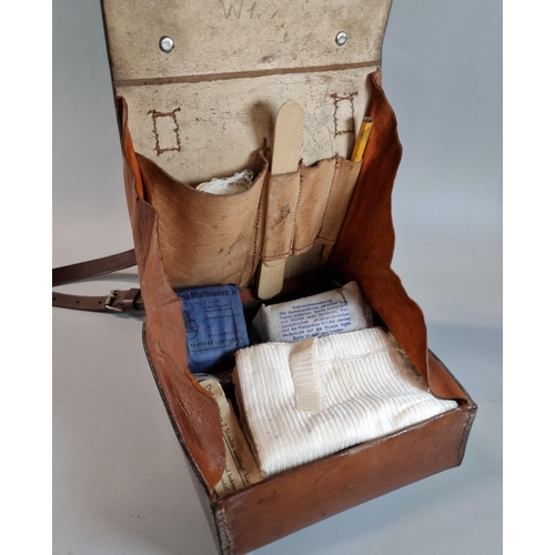 66 - German WWI leather First Aid pouch marked DRK. Sanitatslagr Babelsberg No. 13, with carrying handle ... 