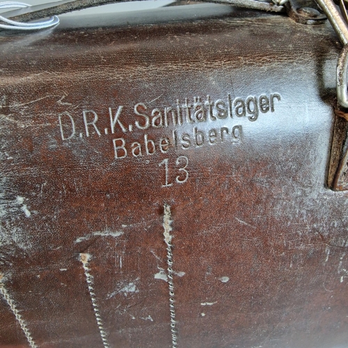 66 - German WWI leather First Aid pouch marked DRK. Sanitatslagr Babelsberg No. 13, with carrying handle ... 