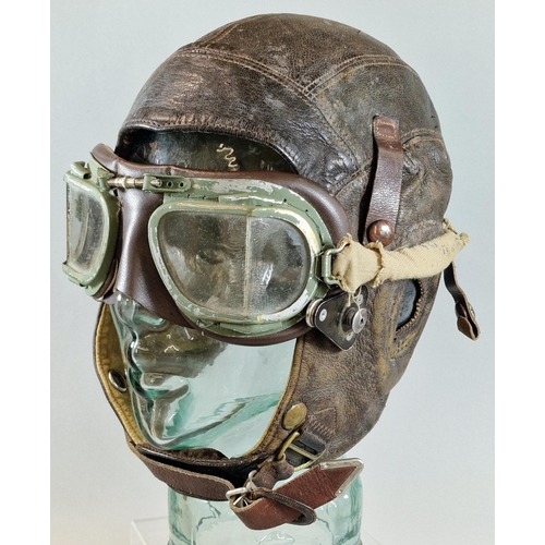 7 - Leather flying helmet in classic British style with British design Aviator Pilot's goggles. (Mannequ... 