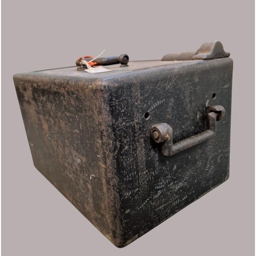 83 - British Miliary floor safe/strong box, marked Cox and dated 1942, with key and carrying handles. 44x... 