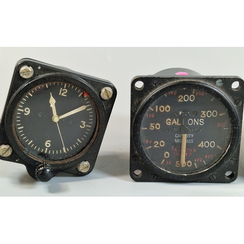 9 - Collection of British military aircraft gauges to include: temperature, a clock, fuel etc. Each 8cm ... 