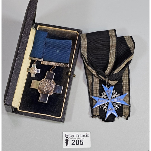 205 - German WWI period Blue Max Medallion with throat ribbon (copy), together with a George Cross 'For Ga... 