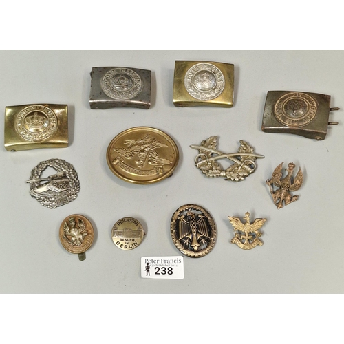 238 - Assorted German Third Reich period and style belt buckles, badges, helmet plates etc. (B.P. 21% + VA... 