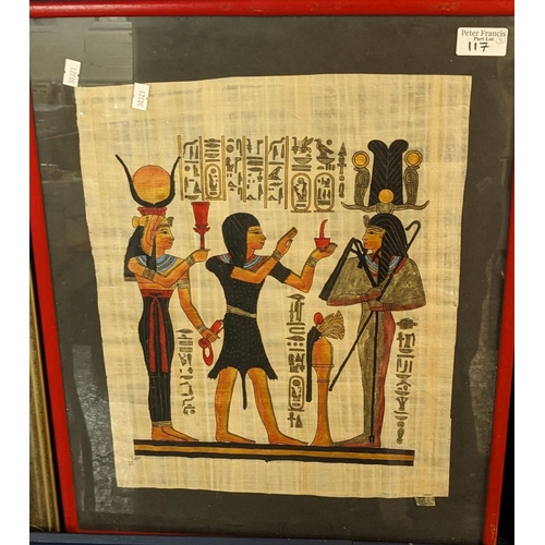 117 - A group of Egyptian furnishing pictures, various, framed and glazed, one being a composition relief ... 