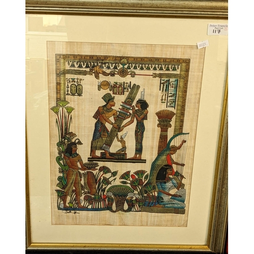 117 - A group of Egyptian furnishing pictures, various, framed and glazed, one being a composition relief ... 