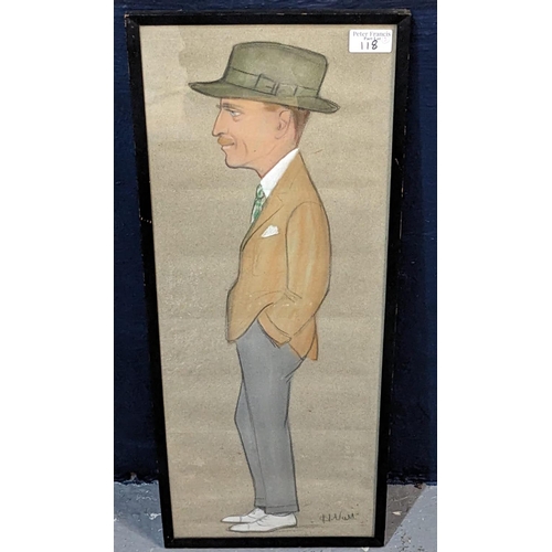 118 - Full-length cartoon type study in pastels of a distinguished gentleman together with a framed print ... 