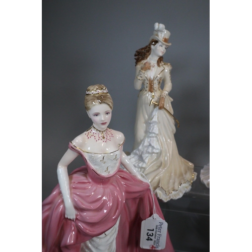 134 - Three Coalport bone china figurines to include: 'Helena Riding in Hyde Park', 'Lady Alice' and 'Mill... 