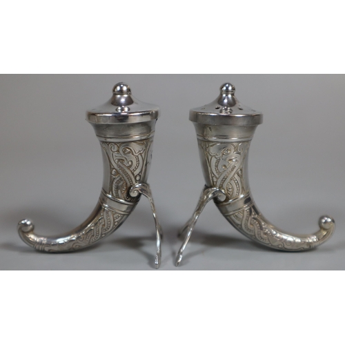 172 - A sterling silver Swedish salt and pepper horn shaker set, marked 'Sterling Sweden'. 2.2 troy oz app... 