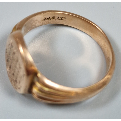 184 - 9ct rose gold signet ring with engraved initials. 6g approx. Ring size R. (B.P. 21% + VAT)