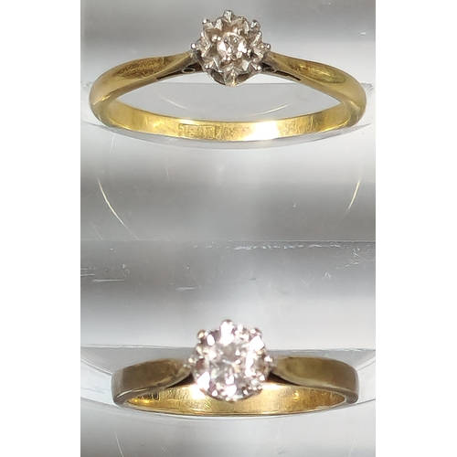 201 - 18ct gold diamond solitaire ring. 2.5g approx. Ring size O. Together with a 9ct gold diamond solitai... 