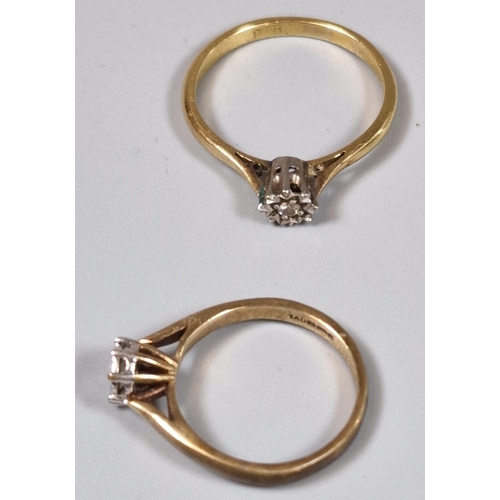 201 - 18ct gold diamond solitaire ring. 2.5g approx. Ring size O. Together with a 9ct gold diamond solitai... 