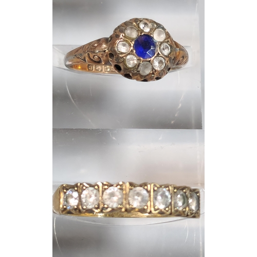 202 - Two 9ct gold dress rings with blue and clear stones. 3.4g approx. Ring sizes L and O 1/2. (2) (B.P. ... 