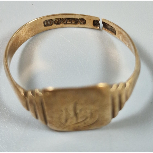 221 - 9ct gold signet ring with engraved initials. 2.6g approx. Together with a plated Albert T bar chain ... 