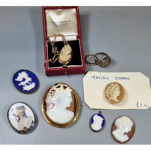 225 - Collection of framed and unframed cameo portrait brooches, one on a plated chain. Together with a ro... 