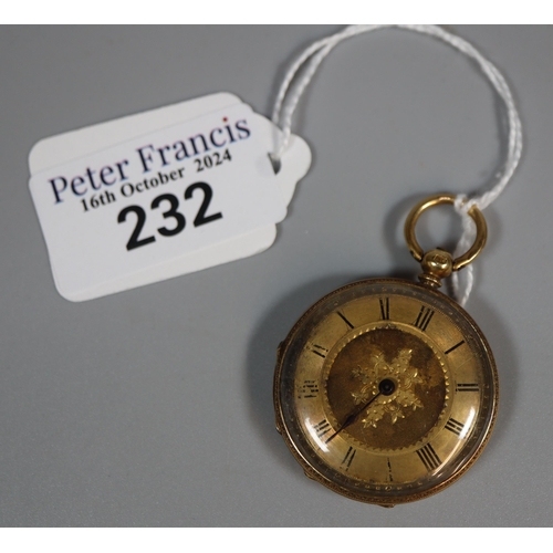 232 - 18K gold engraved open faced ladies' fancy fob watch marked Archard & Co South Audley Street London.... 