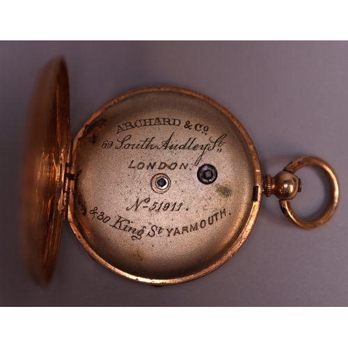 232 - 18K gold engraved open faced ladies' fancy fob watch marked Archard & Co South Audley Street London.... 