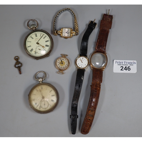 246 - Plastic tub of items to include: two silver open-faced pocket watches, one marked 'Kay's', ladies' w... 