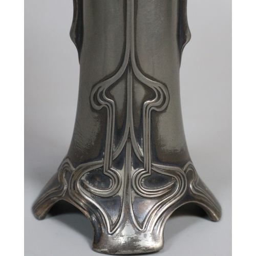 260 - A pair of Art Nouveau pewter Epergne two-handled vases with green glass liners. Unmarked. Height app... 