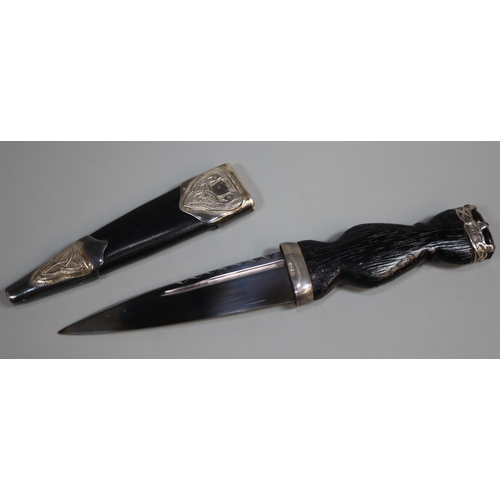 262 - Edinburgh silver-mounted Sgian Dubh with basket weave decorated grip and crown finial with gem set s... 