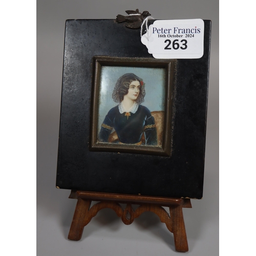 263 - 19th century painted portrait miniature of a distinguished lady in velvet dress. Ebonised frame. 6 x... 