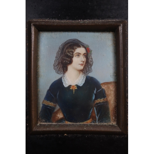 263 - 19th century painted portrait miniature of a distinguished lady in velvet dress. Ebonised frame. 6 x... 