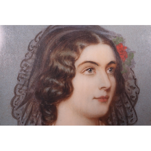 263 - 19th century painted portrait miniature of a distinguished lady in velvet dress. Ebonised frame. 6 x... 