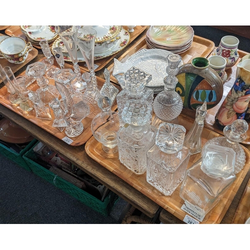 287 - Two trays of assorted glassware to include: various decanters and stoppers, candlesticks, Champagne ... 