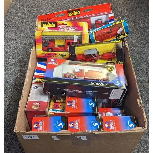 291 - Box of assorted, mainly Solido diecast model fire engine and fire related vehicles in original boxes... 