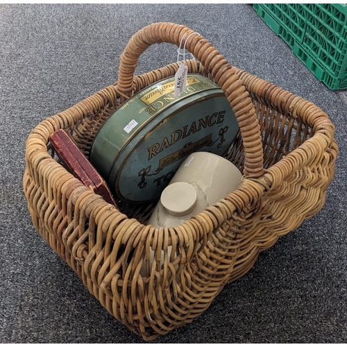 297 - Wicker single-handled basket together with vintage 'Radiance' tin full of plated ware, stone bedwarm... 