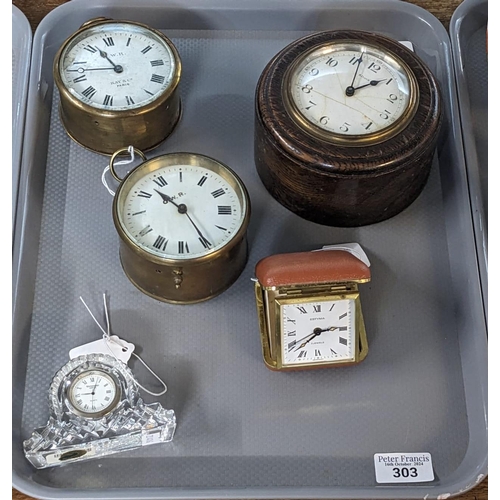 303 - Two GWR clocks, one marked Kay & Co Paris, together with an eight day oak cased clock, Waterford cry... 