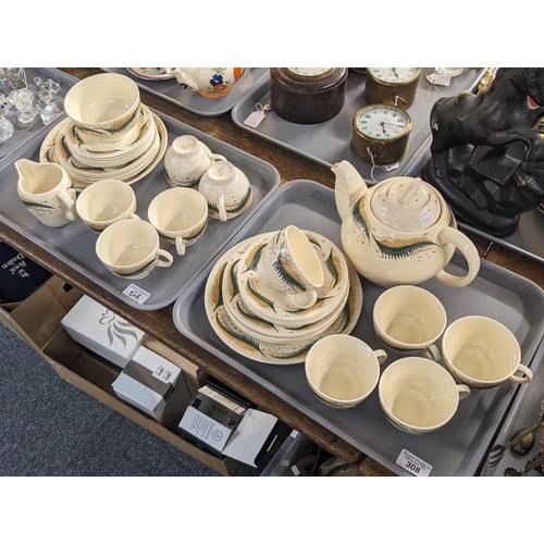 308 - Two trays of Susie Cooper England 2290 tea ware including bullet-shaped teapot overall decorated wit... 